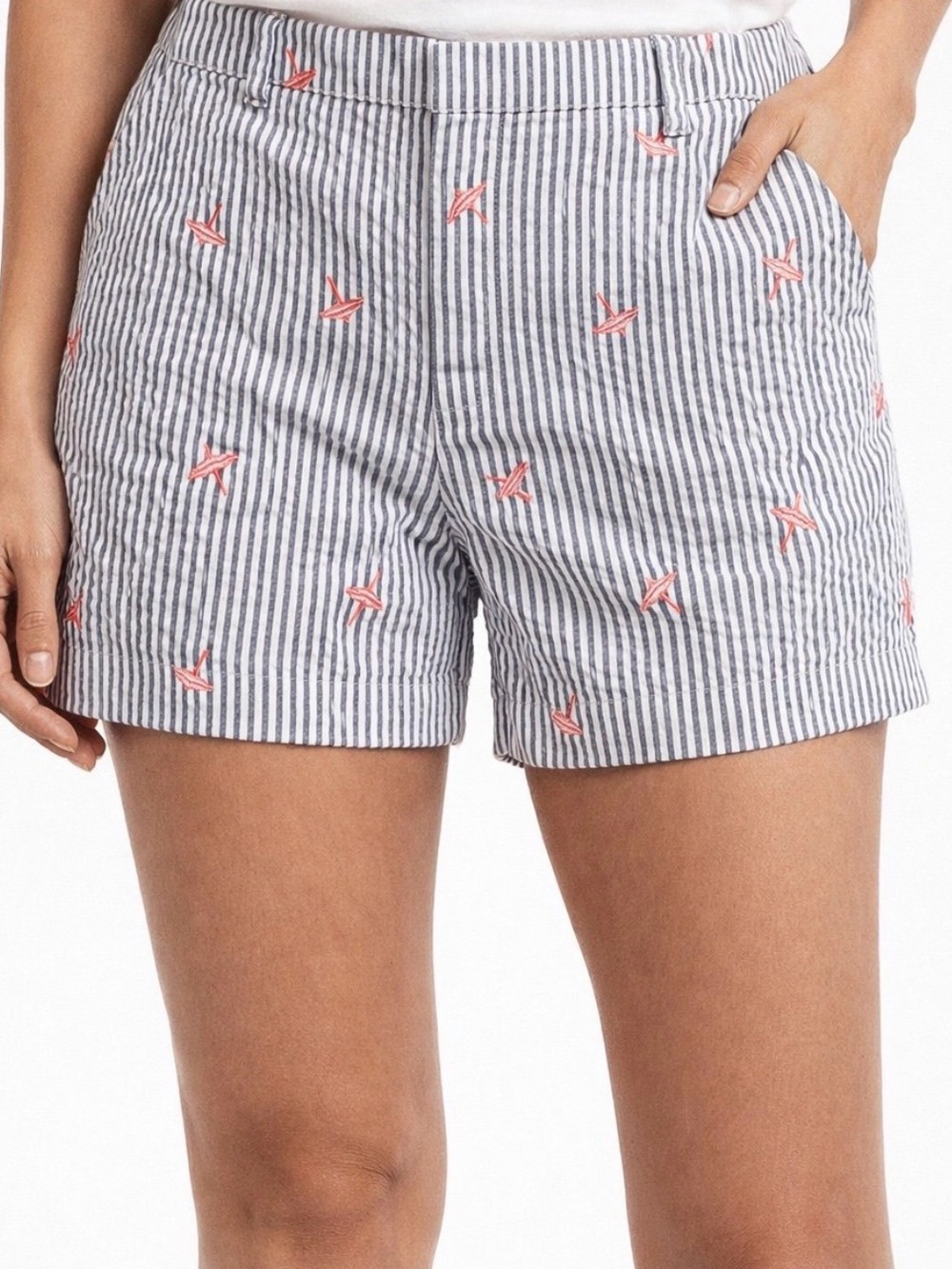 Cynthia Rowley Blue/White Striped Seersucker Shorts with Pink Embroidery